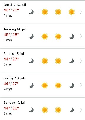 HETEBØLGE: Skjermdump fra Yr.no viser de varme temperaturene som kan forventes i Seville i Spania de kommende dagene.