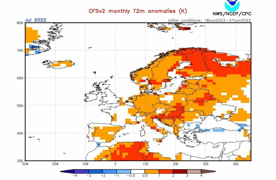 Her er den amerikanske modellens varsel for temperaturavvik fra normalen: I gjennomsnitt gir modellsimuleringene til NCEP opptil én grad varmere enn normalt i det meste av Norge, og noe varmere lengst i nord.
