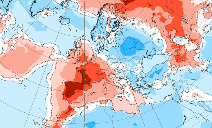 JULI: Oversikten viser sannsynligheten for at juli blir varmere enn normalt. Varselet gjelder for kommende uke. Sør-Europa har så langt hatt høyere temperaturer enn meteorologene varslet i juni.