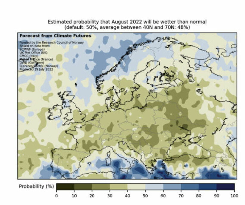 VÅTERE AUGUST: Kartet viser at vi kan forvente en våtere august i år, spesielt vestlandet og nordover.