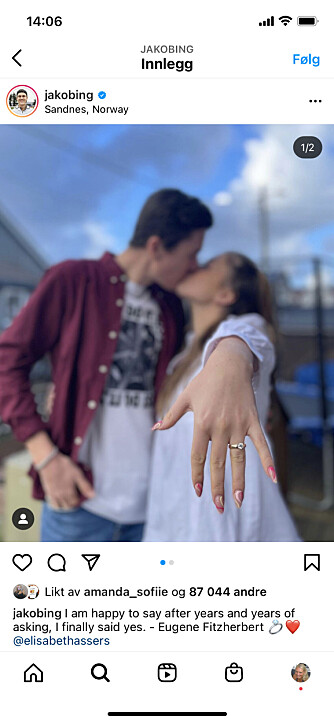 <b><br>FORLOVET: </b>10. april 2021 kunngjorde Jakob på sin Instagram-konto at Elisabeth og han var forlovet.