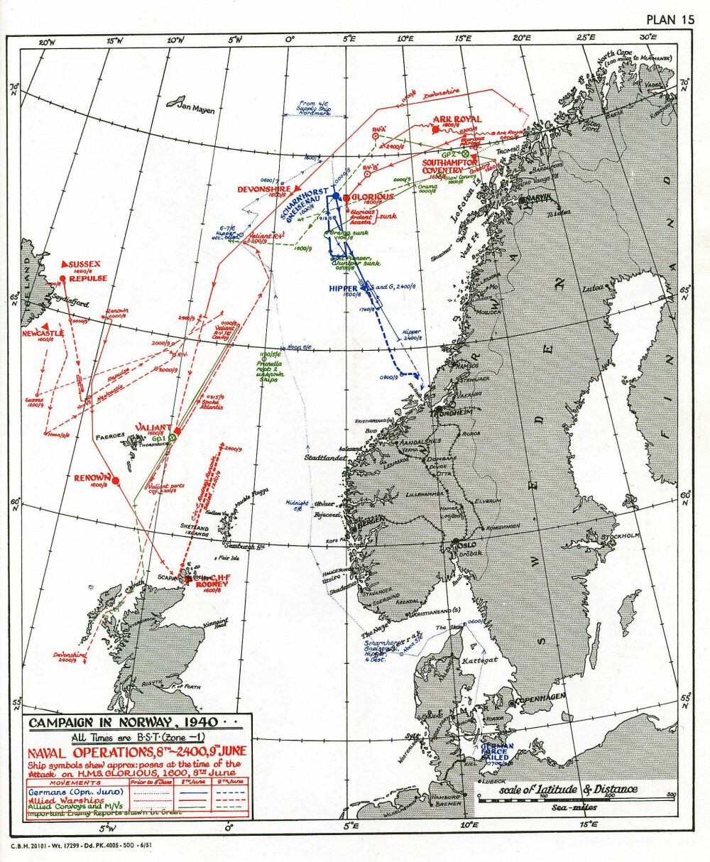 <b>KALDT HAV:</b> Dette britisk marinekartet viser hvordan de allierte styrkene ble evakuert fra Nord-Norge, og hvor krysserne Ardent og Acasta og hangarskipet Glorious ble senket.