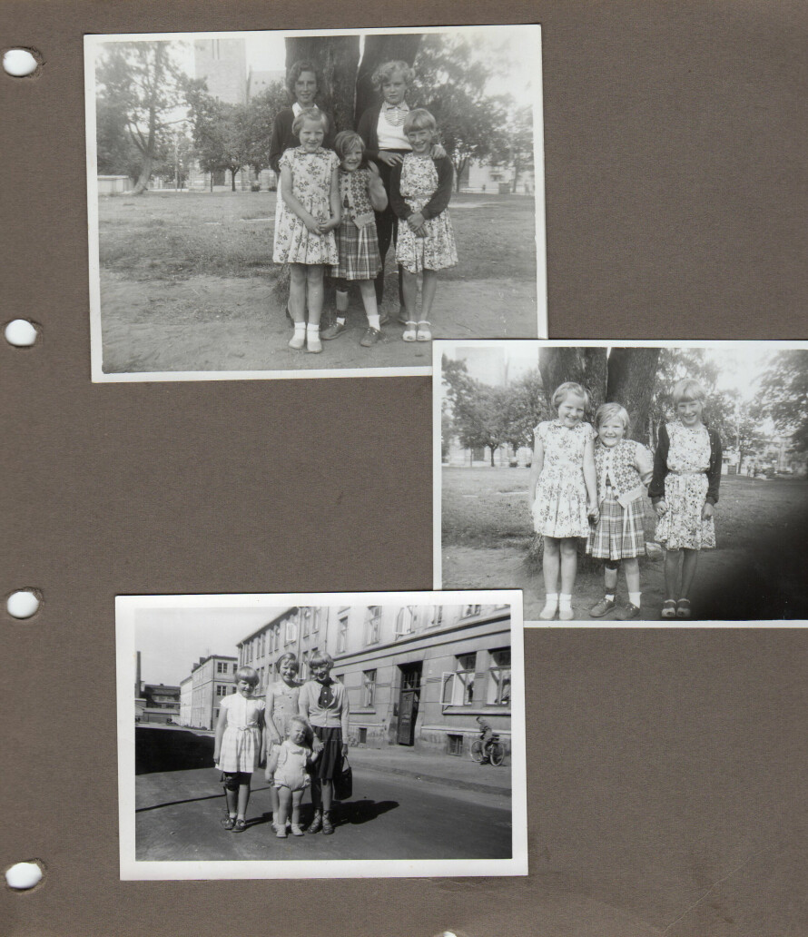 HALTET: Jorunn måtte bruke en tung jernskinne på høyre ben da hun vokste opp. Men den hindret henne ikke i å være med i leken. Her er hun sammen med søstreren sin og andre som bodde i nabolaget.