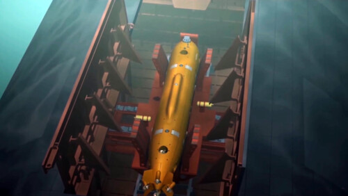<b>MODERSKIP:</b> Belgorod kan ta med seg ulike typer undervannsdroner og mindre ubåter. Her 3D-grafikk av den 6,5 meter lange Klavesin-dronen som fraktes i en hangar i skroget på Belgorod. 