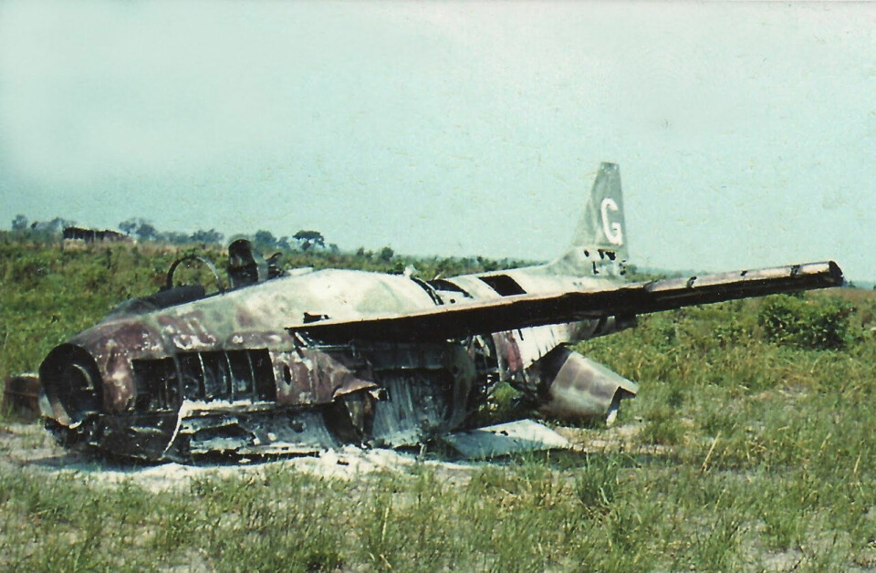HAVARERT: En SAAB-29 i Belgisk Kongo tidlig på 60-tallet. Maskinen fikk trøbbel under landing, og endte som totalvrak. Trøbbel under landing var også årsaken til at Hans Ingemar Bladh styrtet i 1953.