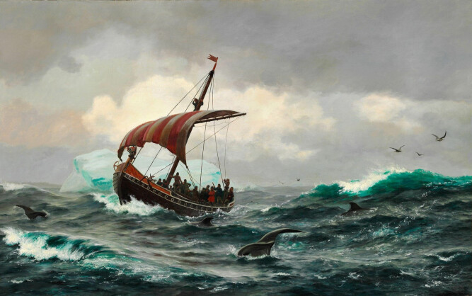<b>OPPDAGERE:</b> Sommernatt under Grønlands kyst år 1000, er tittelen på Carl Rasmussens kjente maleri. Vikingene var blod­tørstige hedninger – men også bønder, oppdagere, kunstnere, håndverkere og handelsfolk. 