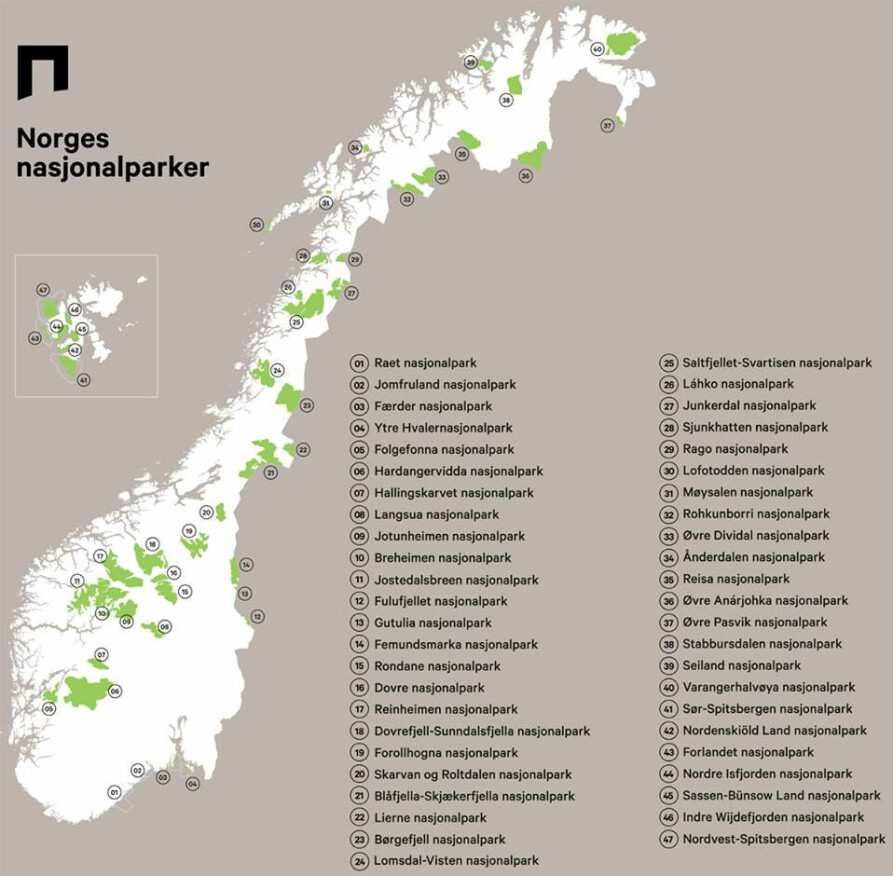 <b>NASJONALPARKER:</b> En nasjonalpark er et større naturområde, som regel i statlig eie, som er vernet mot inngrep som i vesentlig grad kan endre naturforholdene. Områdene er valgt ut fordi de inneholder nærmest urørt, egenartet eller særlig vakker natur. (Kilde: Store Norske Leksikon) 