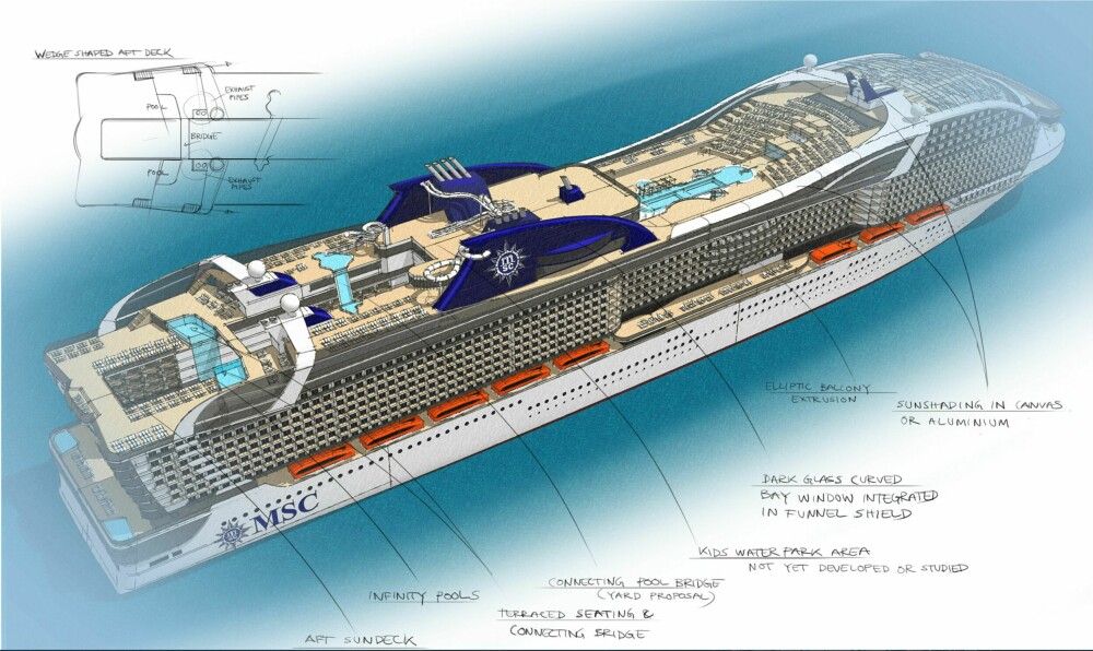<b>SKISSER:</b> Det er mye som skal på plass i et stort cruiseskip, og det blir mange skisser og arbeidstegninger underveis. Her et forslag til utforming av soldekk.