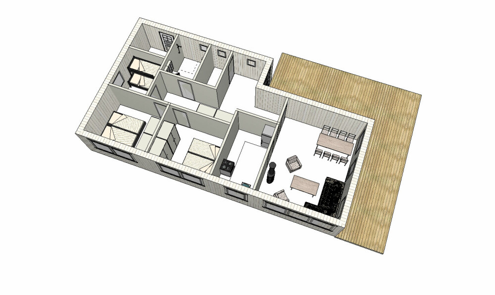 Hytta fra øst, med oversikt over utvidelsen av stuedelen og i bakkant med store soverom og mer funksjonell planløsning.