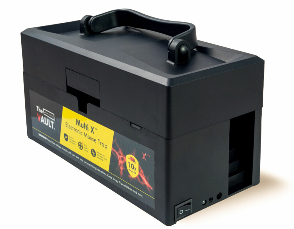 MULTIKILL: Denne fellen fanger 10 mus om gangen. Den drives enten med batteri eller med strøm fra et vegguttak. Produsenten lover 100 % fullstendig og human avliving av musene. TheVault Multi X, kr 1189, stick.no.