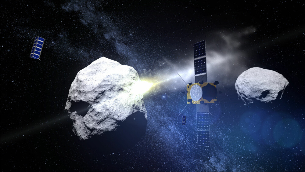 <b>SONDE VS STEIN:</b> Datagenerert illustrasjon av DART i møte med asteroidene langt ute i verdensrommet.
