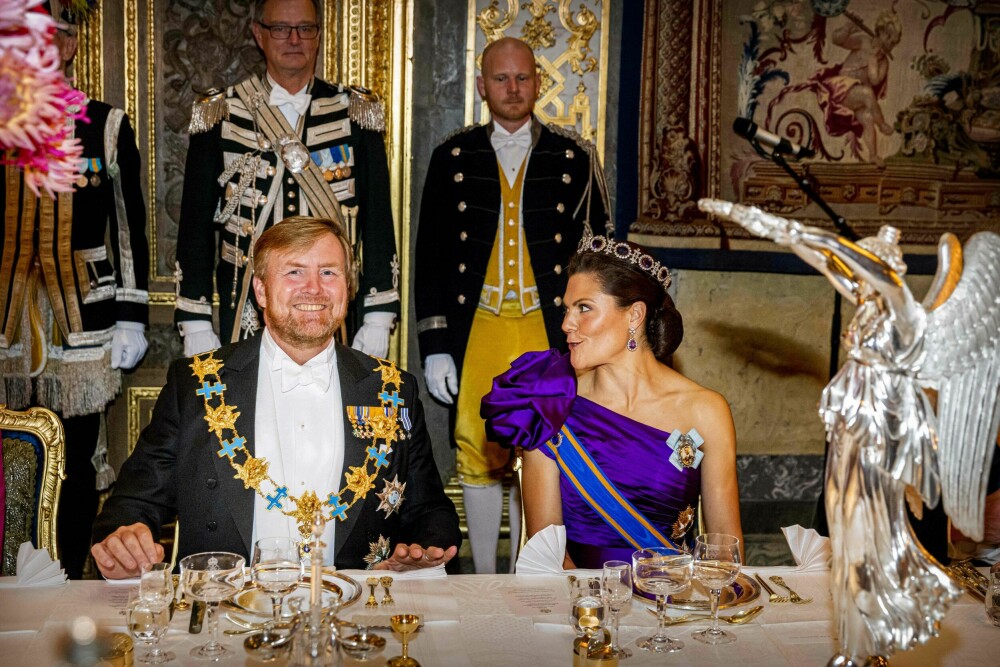 <b>WILLEM-ALEXANDER:</b> Kong Willem-Alexander og kronprinsesse Victoria hadde mye å snakke om under gallamiddagen.