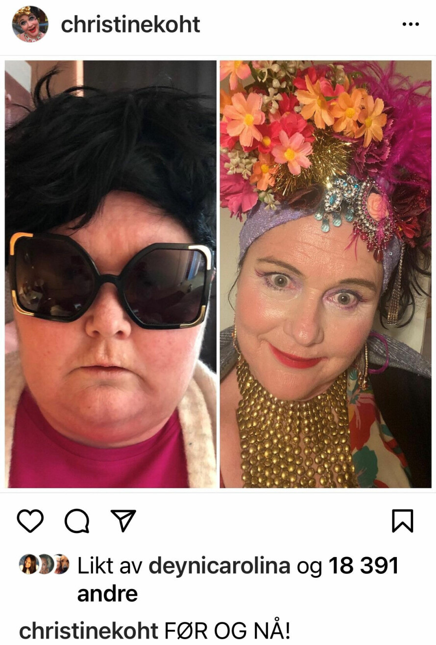 FØR OG NÅ: Christine er tilbake, og det merkes. I videoer på Instagram viser hun hvordan hun jobber for å holde vekten der den er.