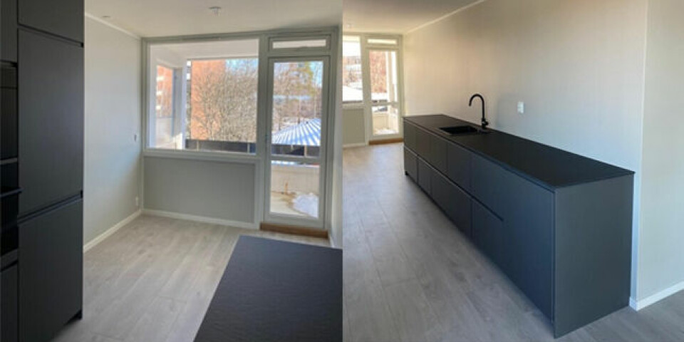 FØR: Kjøkkenet hadde begrensede muligheter for møblering, og familien var ikke spesielt fornøyd med valg av svart på innredningen. Sjekk hvilke grep interiørarkitekten tok.