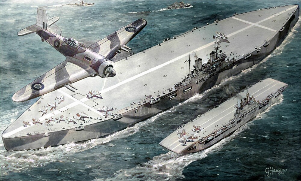 <b>IS-BIT:</b> Illustrasjon av is-hangarskipet HMS Habbakuk ved siden av det ordinære hangarskipet HMS Indefatigable.