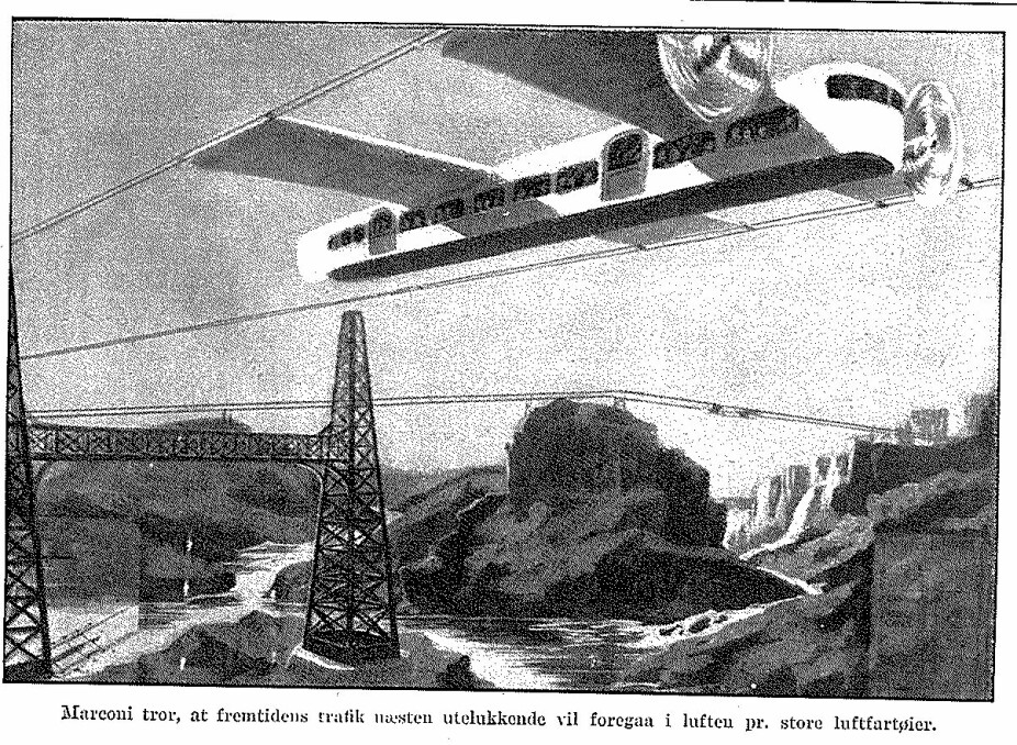 <b>KOMMERSIELL LUFTFART: </b>Marconi forutså at menneskene i stor grad ville foretrekke å reise med store luftfartøy. Tankene rundt kommersiell luftfart hadde så smått begynt å ta form på 1920-tallet, etter at Wright-brødrene fikk det første flyet på vingene i 1903. Den første kommersielle flyturen fant faktisk sted 1. januar, 1914. Det var likevel først på 1950-tallet at den kommersielle luftfarten for alvor fikk luft under vingene.