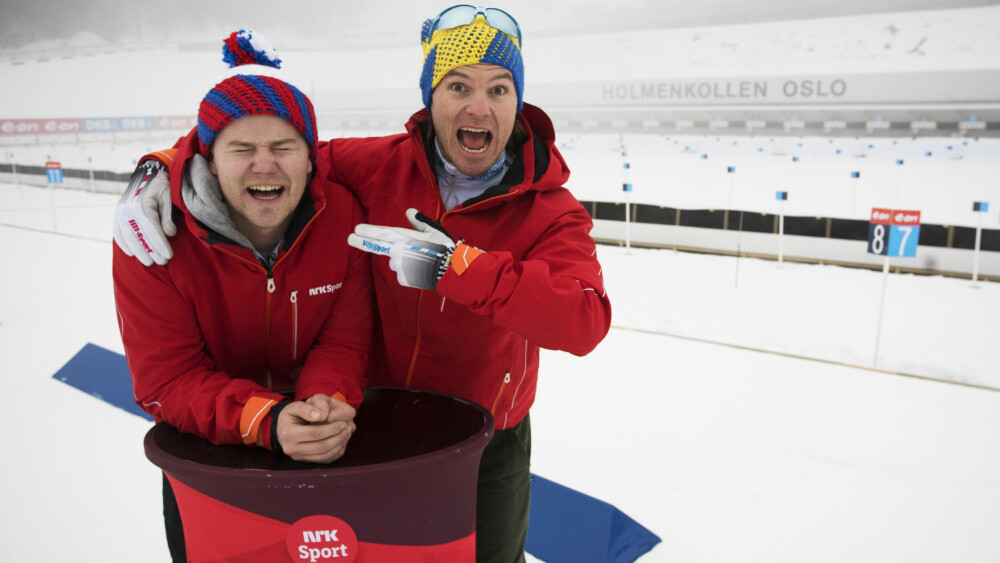 <b>HUMORDUO:</b> Nicolay og Robin har samarbeidet med humorprogrammer gjennom flere VM og OL. Her fra «Helt Ramm – Pling i Kollen» under VM i skiskyting i Holmenkollen i 2016.