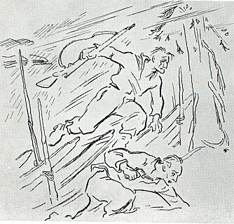 <b>HELTESPRANGET:</b> Denne illustrasjonen gjorde sterkt inntrykk på Torgrim Titlestad som guttunge. Den ledsaget beretningen om foreldrenes flukt fra Krosstølen i Hemsedal i oktober 1942, og viser Samuels byks over skigarden. 