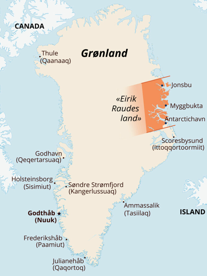 <b>OKKUPASJONSOMRÅDET:</b> Det som i årene 1931–33 var Eirik Raudes Land er i dag del av Nordøst-Grønland nasjonalpark. 