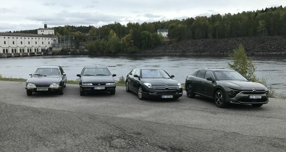 <b>LITT Å SLEKTE PÅ:</b> Nye Citroën C5 X (helt til høyre) med sine forfedre. Fra venstre: Citroën CX, Citroën XM og Citroën C6. 