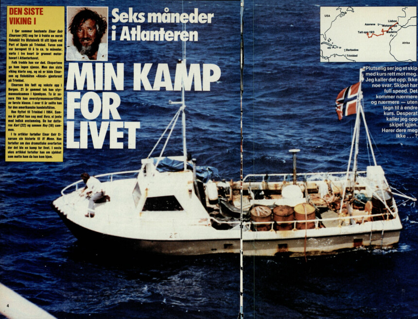 <b>FAKSIMILE:</b> I Vi Menn sommeren 1986 fortalte Einar Geir Einarsen om sin dramatiske ferd, sakte drivende med strømmen over Atlanterhavet.