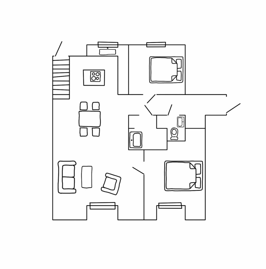 Planløsningen: Leiligheten har et boareal på 82 kvadratmeter og består av stue, spisestue, kjøkken, to soverom, bad og wc.