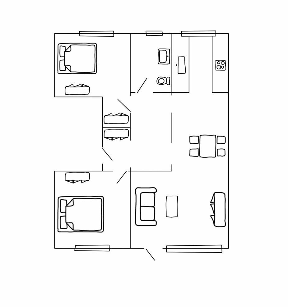 Plantegning: Linns leilighet er 66 kvadratmeter stor og består av to soverom, stue, kjøkken og bad.