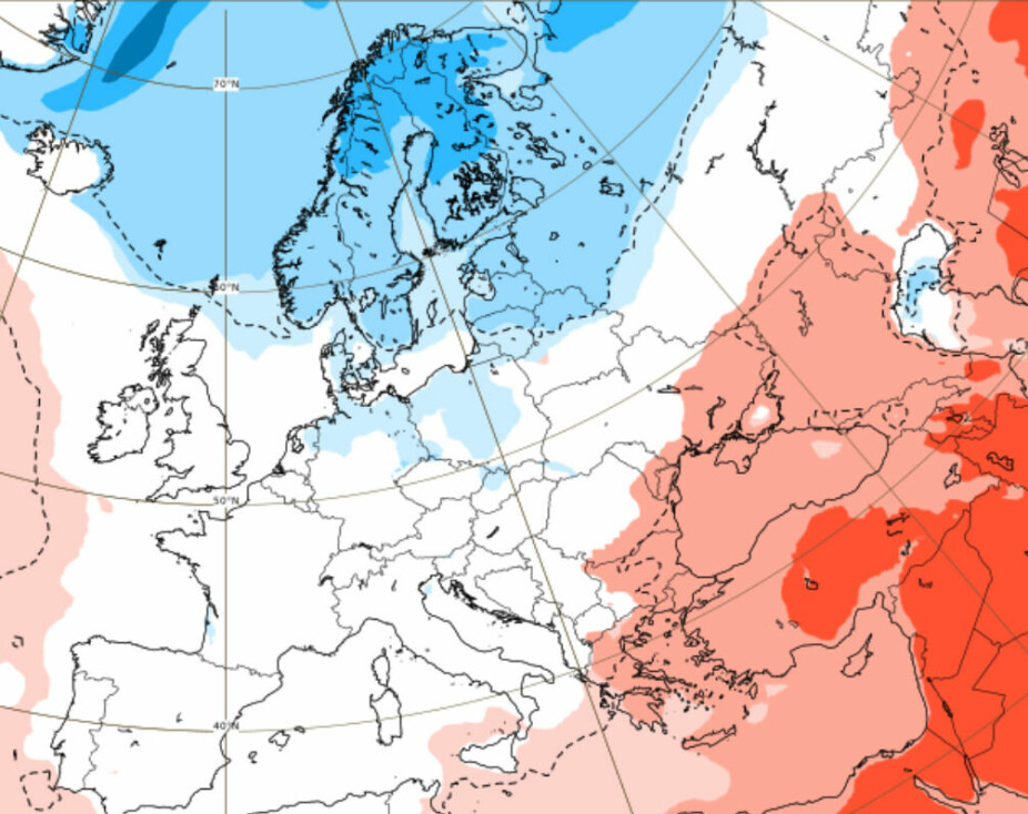 <b>PROGNOSE UKE 9: </b>I sin ferskeste prognose viser Det europeiske senteret for langtidsvarsler, ECMWF, at det trolig blir kaldere enn normalt i uke 9. Dette kartet viser avvik fra normaltemperatur, hvor blått er kaldt og rødt er varmt, mens hvitt er normaltemperatur.