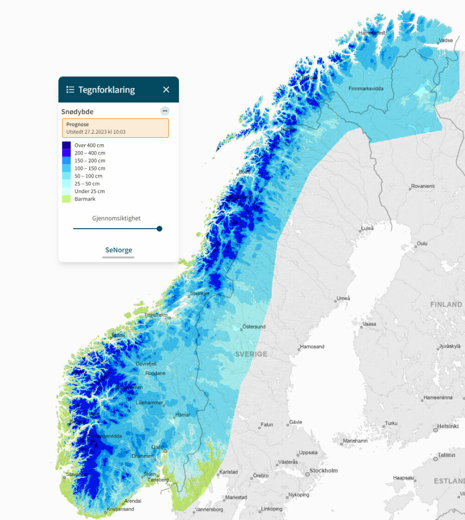Prognose for snødekke i Norge torsdag. 2. mars