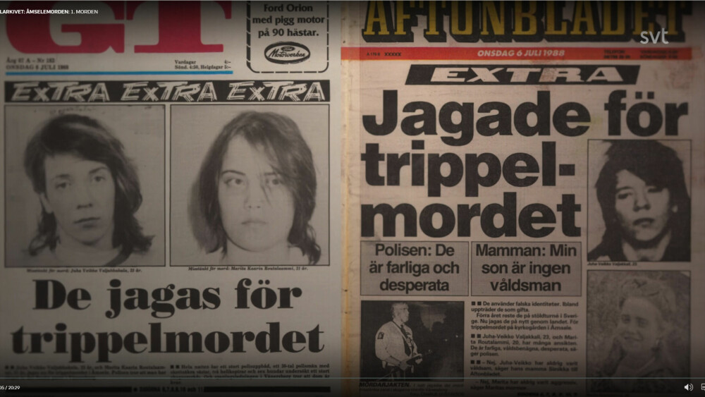 <b>JAGET:</b> Noen dager etter drapet var omstreiferne Juha Veikko Valjakkala (23) og Marita Kaarin Routalammi (20) på forsiden av avisene. 