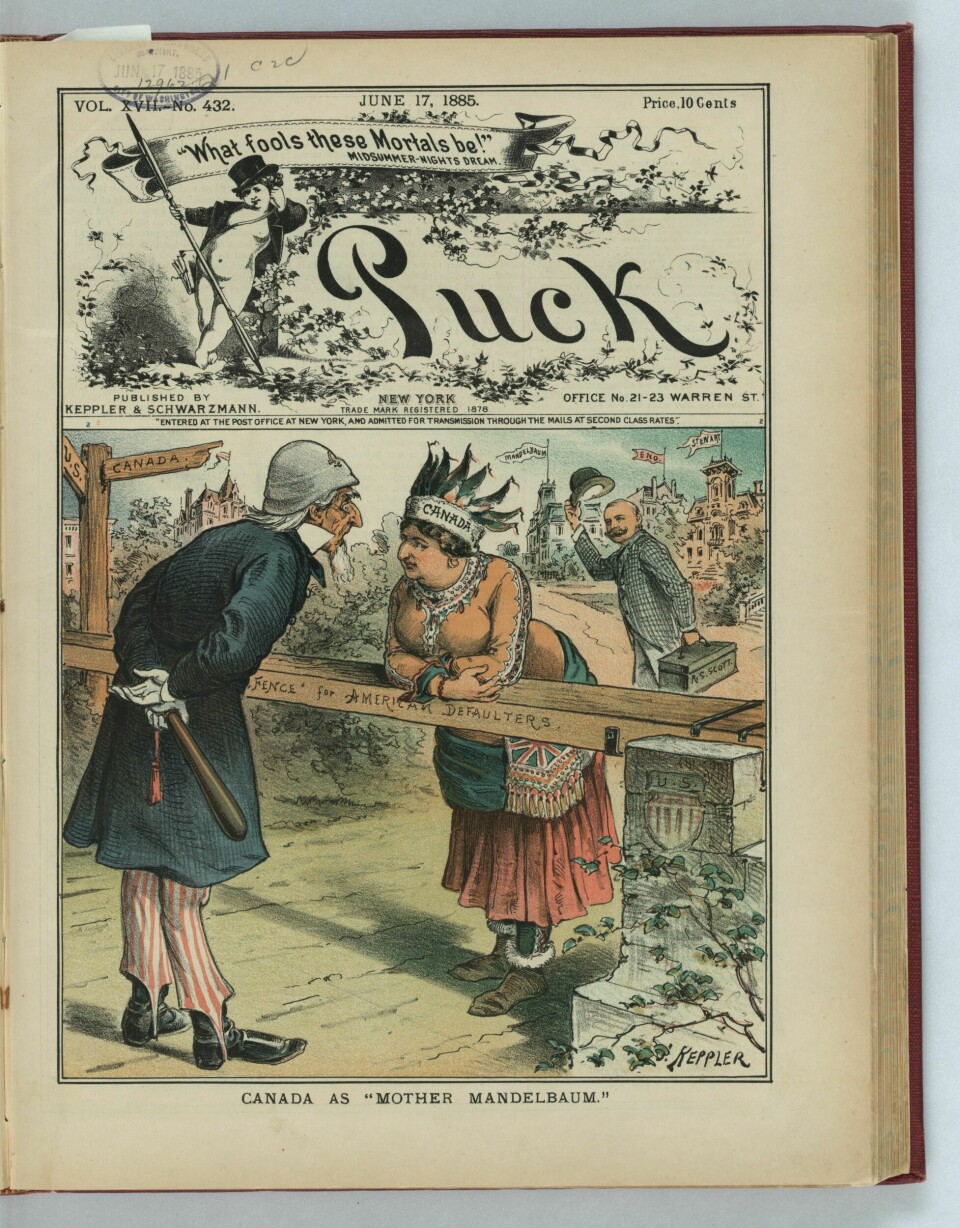 ÆDDABÆDDA: Vitsetegning viser Marm Mandelbaum trygt plassert på kanadisk side av grensen, mens «onkel Sam», utkledd som politimann forgjeves forsøker å arrestere stortyven.