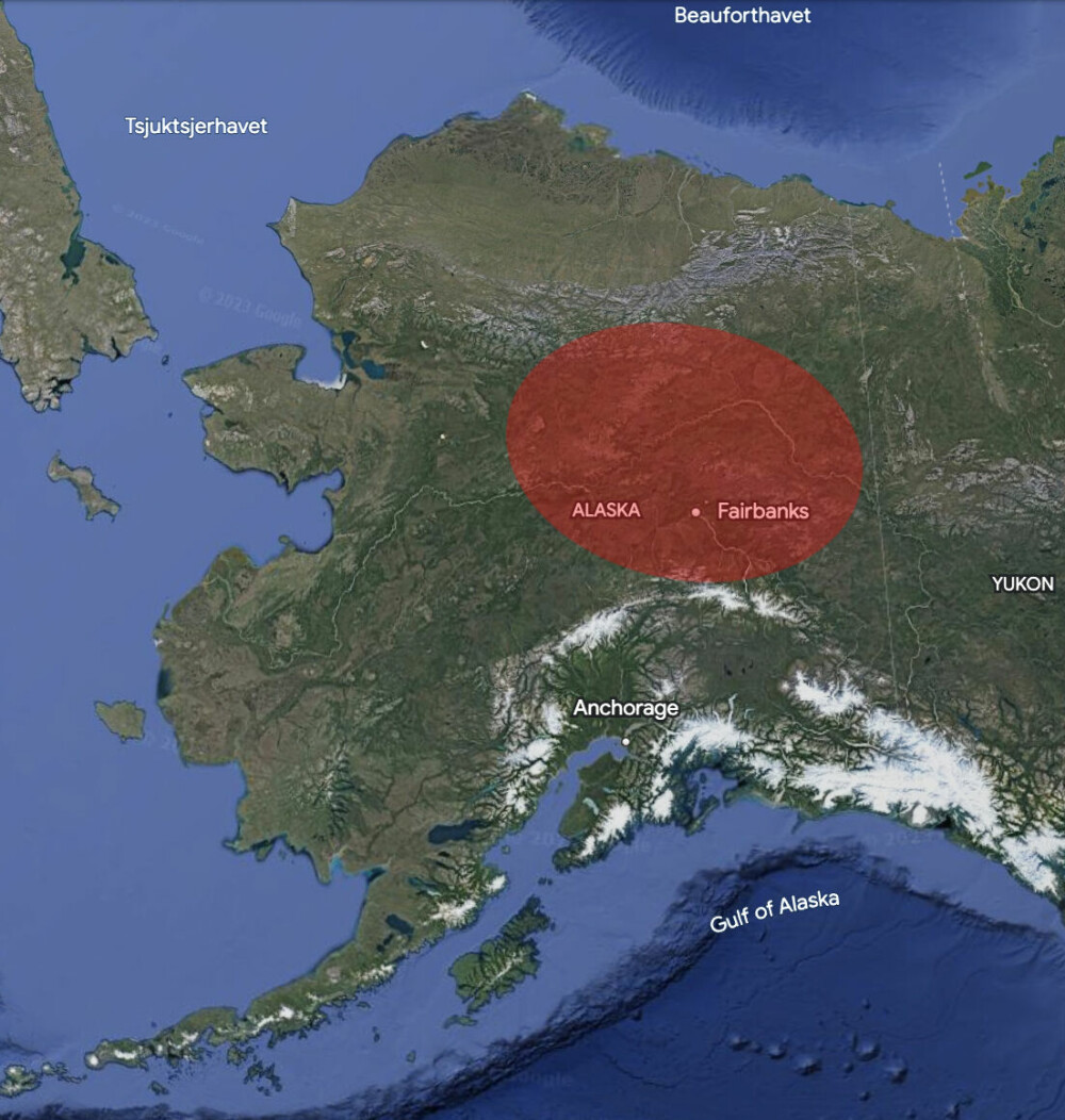 <b>SENTRALT I ØDEMARKA:</b> Planen var at «Nye Finland» skulle ligge i det sentrale Alaska, rundt elvene Yukon og Tanana markert med rød sirkel.