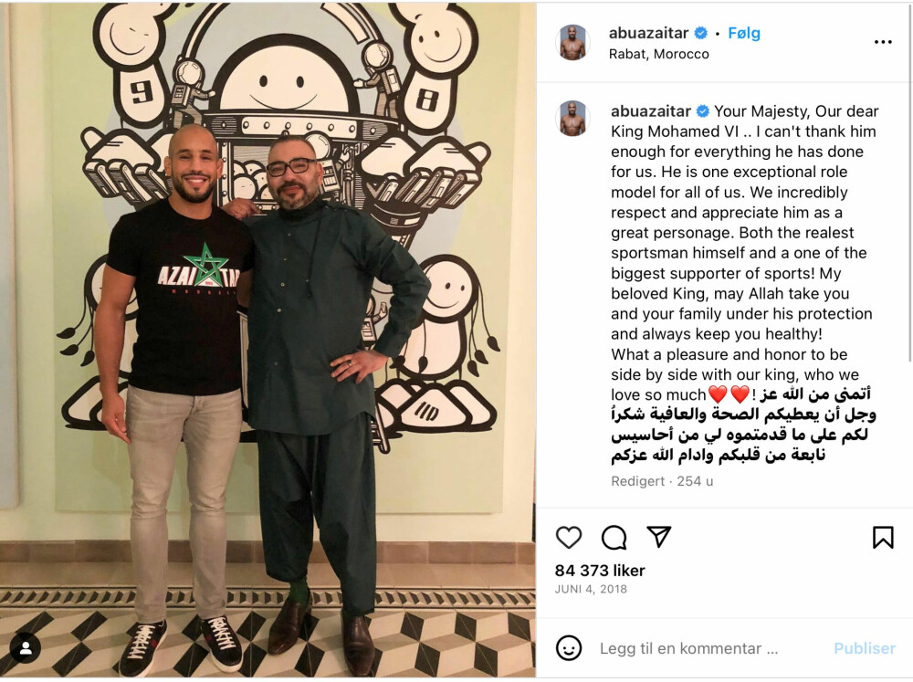 <b>SPRER SKREKK OG URO:</b> Det nære forholdet mellom kampsportutøveren Abu Azaitar og en nytrimmet kong Muhammed VI fremstår på sosiale medier som her på Instagram. Men ellers er det lite som kommer ut fra slottet i Rabat.