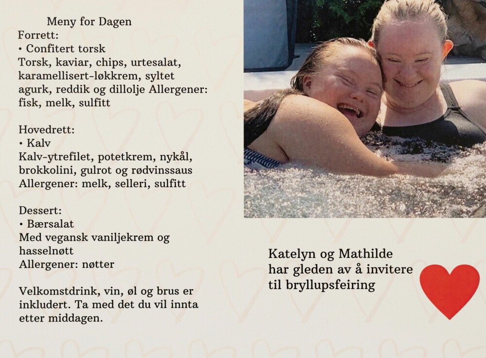 <b>BRUDEPARET:</b> – Jeg gleder meg sånn til å få Mathilde som kone, forteller Katelyn boblende av glede. Menyen for dagen i et selskapslokale på Ormøya er for lengst satt.