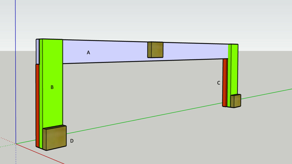 FIGUR 1: Her vises hvordan de ulike delene settes sammen. B og C er ben, D er støtteklosser og A er benkeflaten.