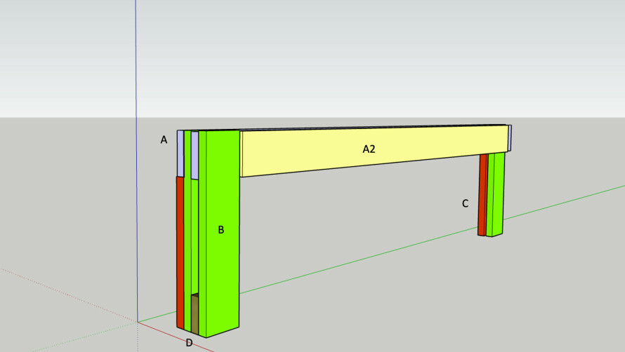 FIGUR 2: Bordet bygges likt benken, men da bordet har tett topp, legger du A2 mellom A i hele bordplaten. A2 er lengden på A minus bredden på bena.