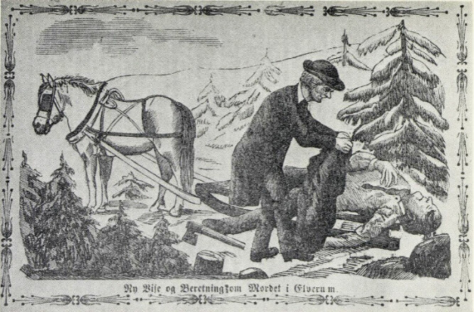 <b>SKILDRING:</b> Denne tegningen fra omslaget til et skillingstrykk fra 1875 viser hvordan Kristoffer Nilsen Svartbækken drepte og ranet sitt offer. 