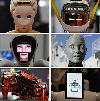 <b>MENNESKE-MASKINER:</b> Roboter som er forsynt med kunstig intelligens har også blitt utstyrt med menneskelige ansikter og fremvist på den britiske robotutstillingen ICRA. Fortsatt er mange i villrede om AI-roboter er en velsignelse eller en trussel.