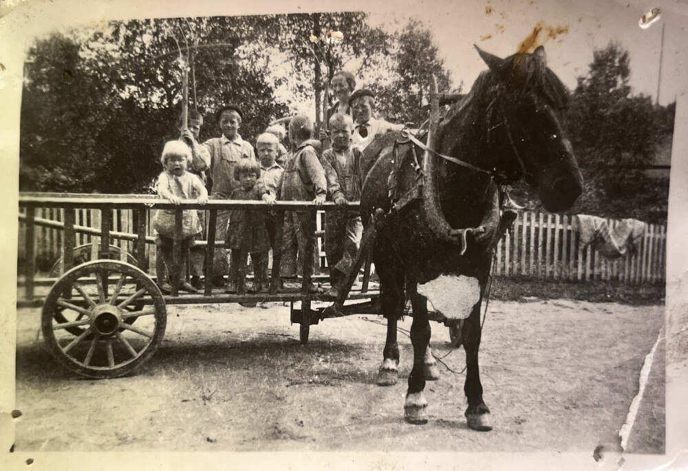 <b>BARNDOMSBILDE:</b> Inger er den minste jenta midt i ungeflokken som står på hestekjerra. Bildet er tatt tidlig på 1930-tallet.