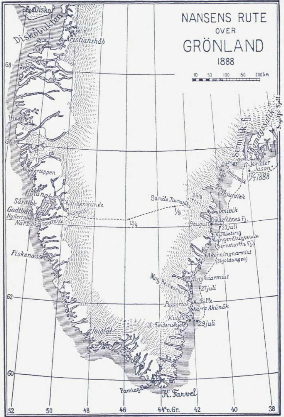 FØRST OVER ISEN: Før selve kryssingen av innlandsisen drev ekspedisjonen først 40 mil sørover i isen etter at de forlot fangstskuta «Jason». Deretter seilte de to uker nordover igjen langs kysten til egnet startpunkt.
