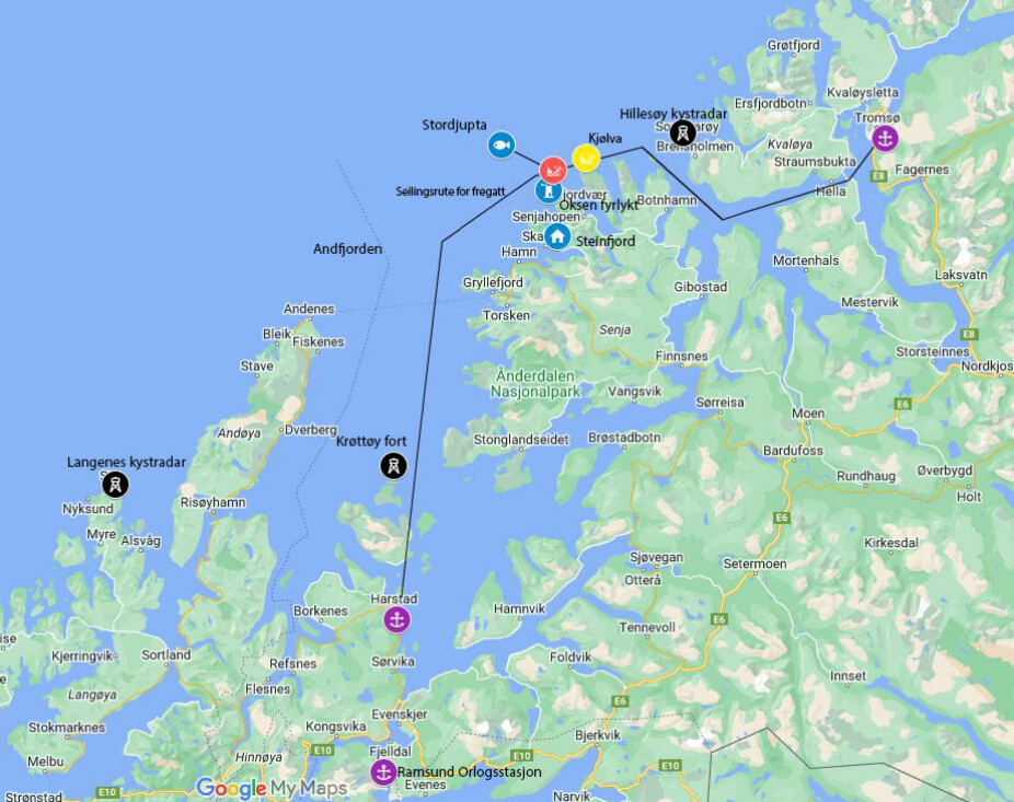 MØTE I ROM SJØ: Ifølge opplysninger fra Forsvaret var en fregatt på vei fra Harstad til Tromsø og passerte gjennom samme område som fiskebåten «Utvik Senior». Ved det røde punktet ble maskinen funnet på 35 meters dyp. Det gule punktet viser hvor den første granskningskommisjonen mente fiskebåten hadde gått på grunn. De svarte punktene er Forsvarets radarstasjoner som overvåket området.