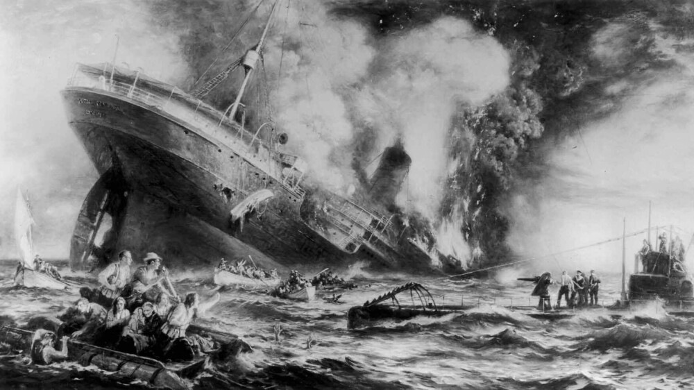 <b>KRIGENS OFRE:</b> 1201 mennesker druknet eller frøs i hjel da de havnet i vannet etter torpederingen av passasjerskipet Lusitania utenfor Irland. Skipet gikk ned på «Titanic-vis», med propellene til værs og baugen først. Illustrasjon fra 1915.