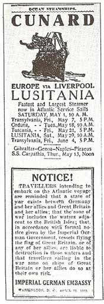 <b>ADVART:</b> Annonse for Lusitanias avgang til Europa – sammen med en advarsel fra den tyske ambassaden om risikoen.