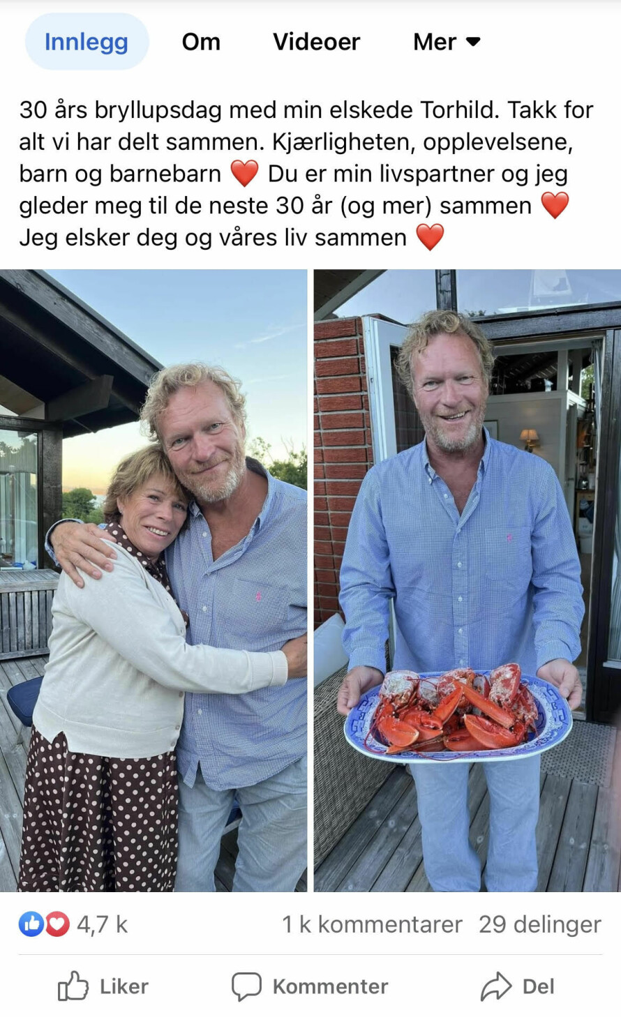 VIKTIG DATO: Hvert år markerer Sven og Torhild bryllupsdagen. Her er de på hytta 14. august i fjor og feiret 30 år som mann og kone.