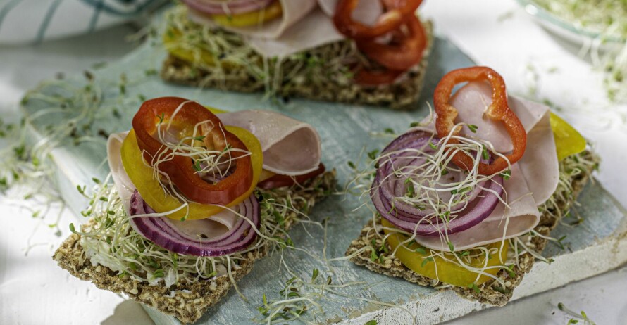 KNEKKEBRØD: Knekkebrød med ost og skinke trenger ikke å se kjedelig ut.