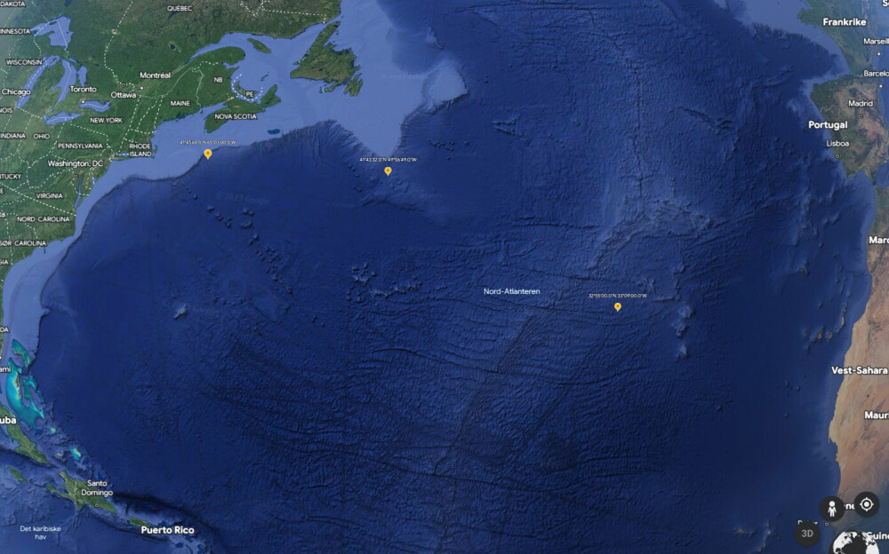 <b>STOR SPREDNING:</b> Den gule markøren til venstre på kartet viser hvor ubåten USS Tresher lå. Den høyre viser havaristedet til USS Scorpion. Den midterste viser hvor Titanic gikk ned. Robert Ballard måtte finne ubåtene før han fikk mulighet til å lete etter Titanic.