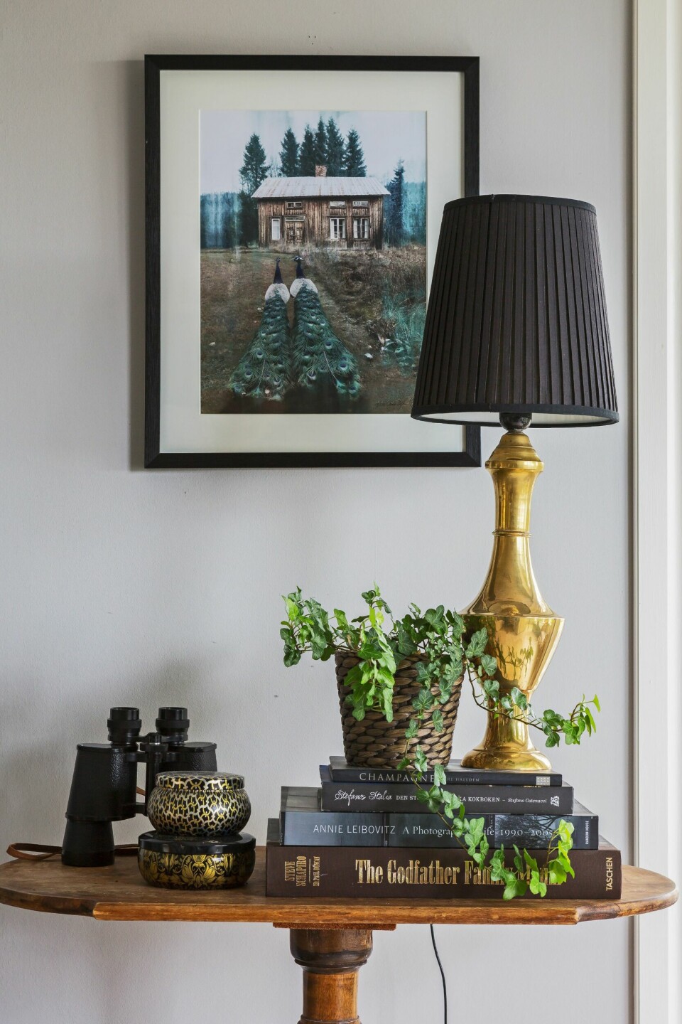 LOPPEFUNN: Bordet er arvegods, og både lampen og kikkerten er loppefunn. Det er også bildet Peacock av Camille Edfors. Blomsterpotte fra Ikea, duftlys fra Voluspa.
