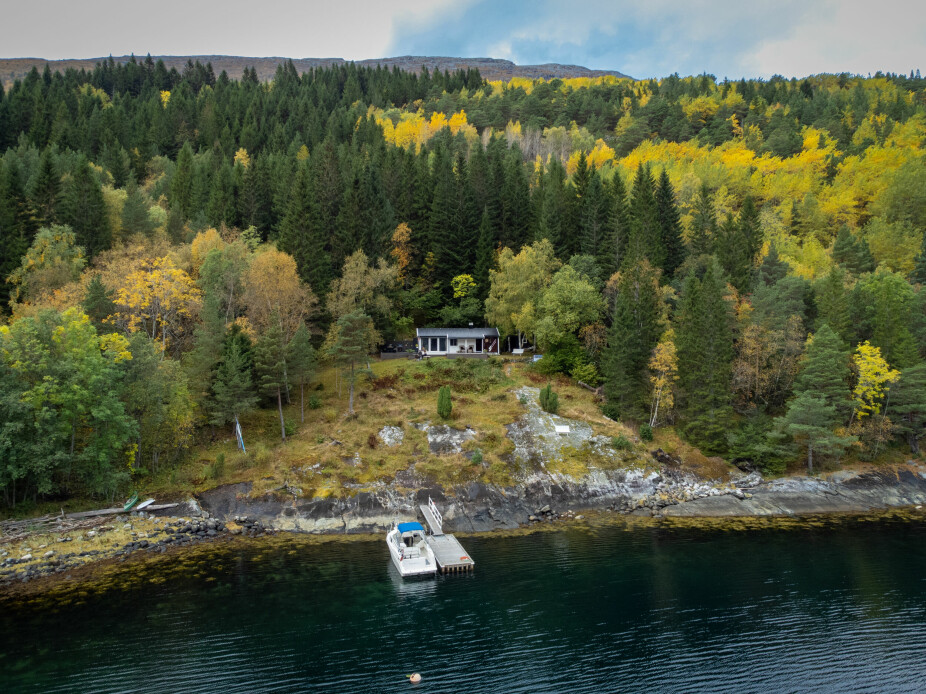 HYTTA SVAET: Hytta Svaet ligger like ved Sunndalsfjorden, med bratt skogsterreng ovenfor. Paret bruker av og til ATV når de skal hit, og kan da parkere ca. 70 meter fra hytta. Da tar det et kvarter å kjøre hjemmefra, men aller mest bruker de båten fra småbåthavna på Sunndalsøra, da er de fremme på fem minutter. Foto: Rune Bakkbø