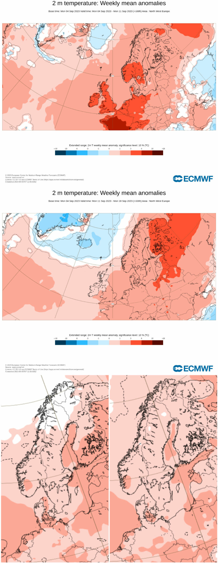 <b>VARMERE ENN NORMALT:</b> Langtidsprognosene fra Det europeiske senteret for langtidsvarsler, ECMWF, pleier å gi en god pekepinn på gjennomsnittstemperaturen sammenlignet med normalen for samme periode. Her ser du prognosene for uken vi nå er inni (øverst) og de tre neste ukene i september (siste uke t.h. nederst). Jevnt over ser det med andre ord til å bli litt varmere enn normalt.