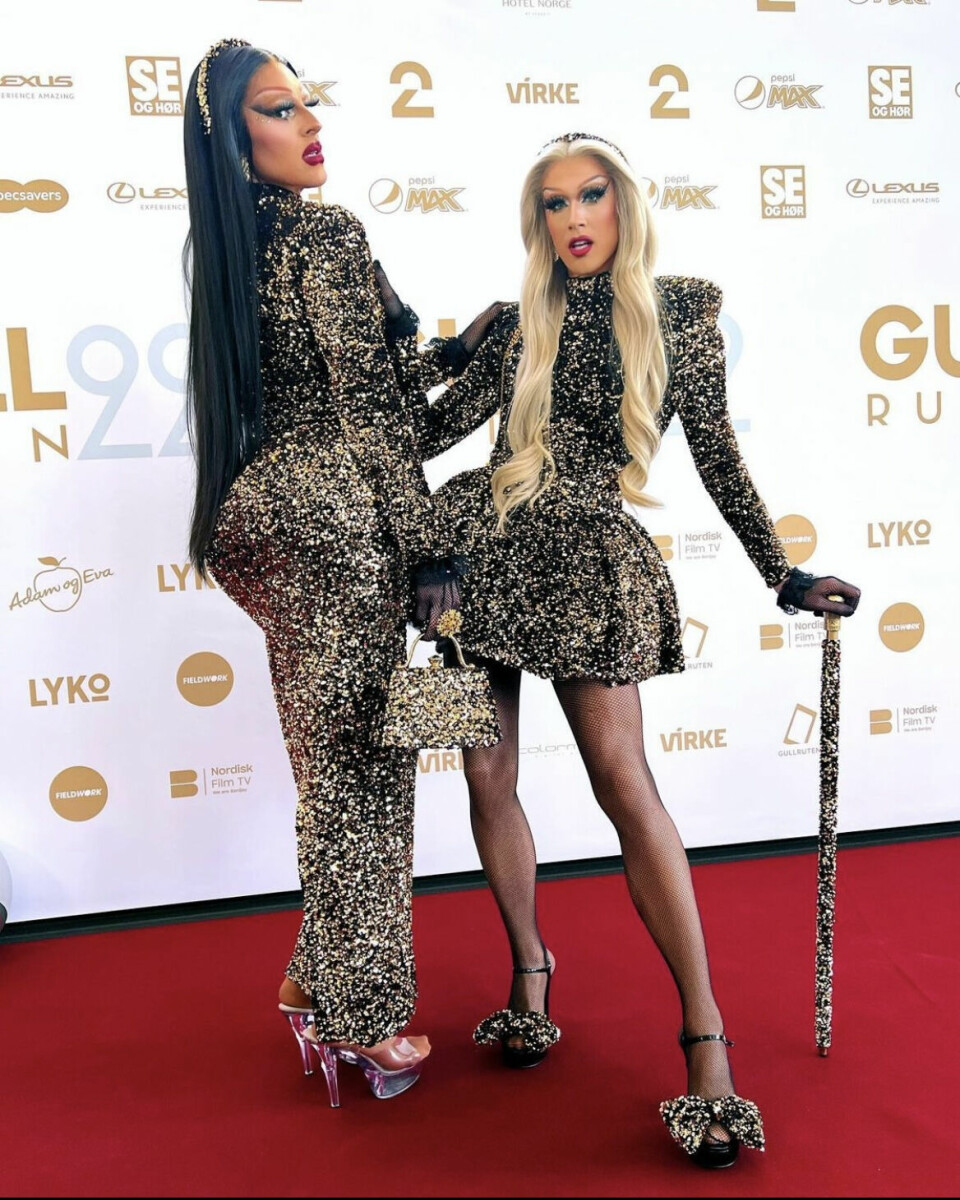 ALTER EGO: Samboerparet er godt etablerte i drag-miljøet. Her er Kim som sin formfulle karakter Puffie Mantrap og Marius som divaen Pamela The Pam.